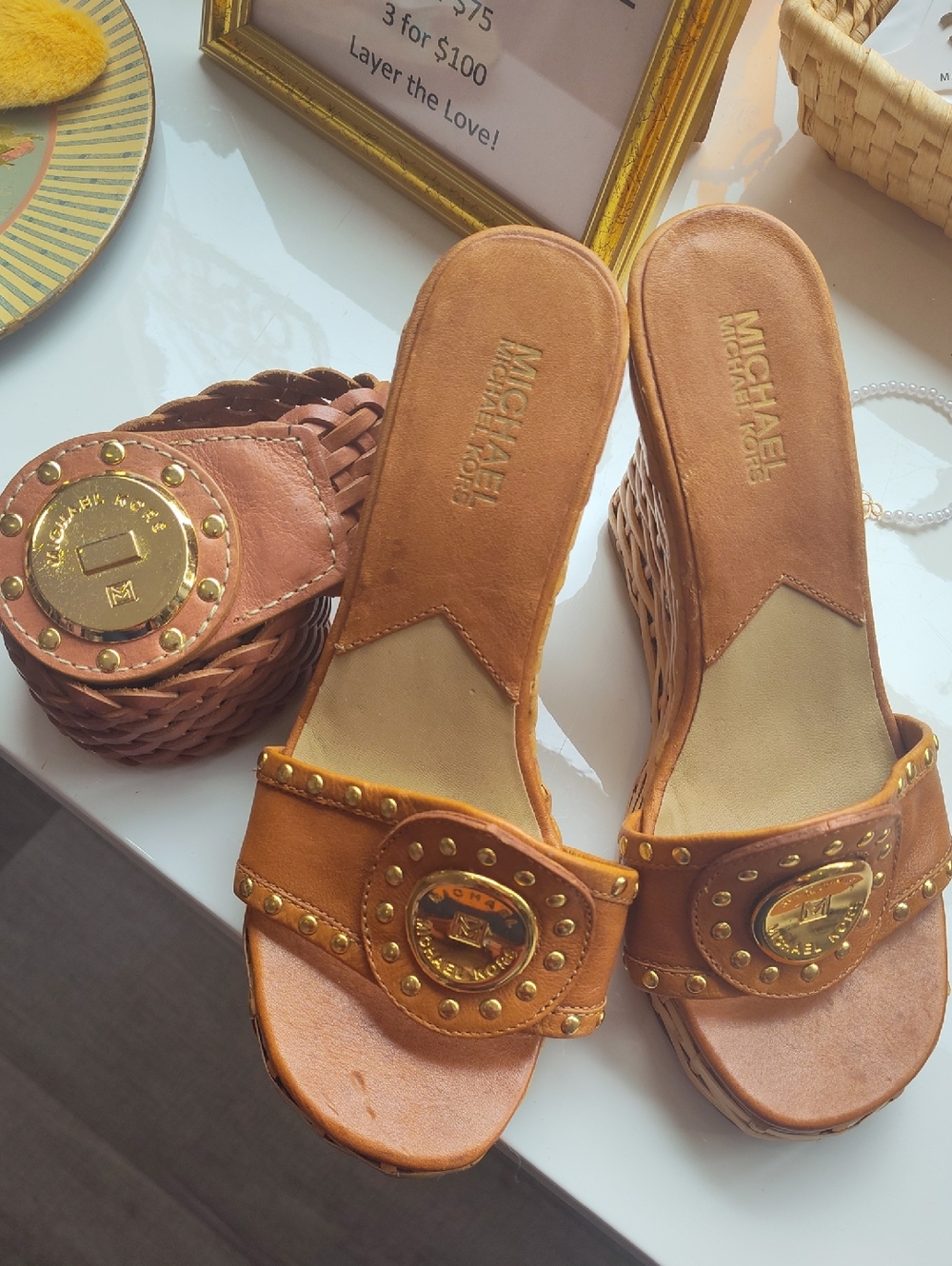 Michael Kors Duo Tan and Gold Woven Sandals And Belt Set